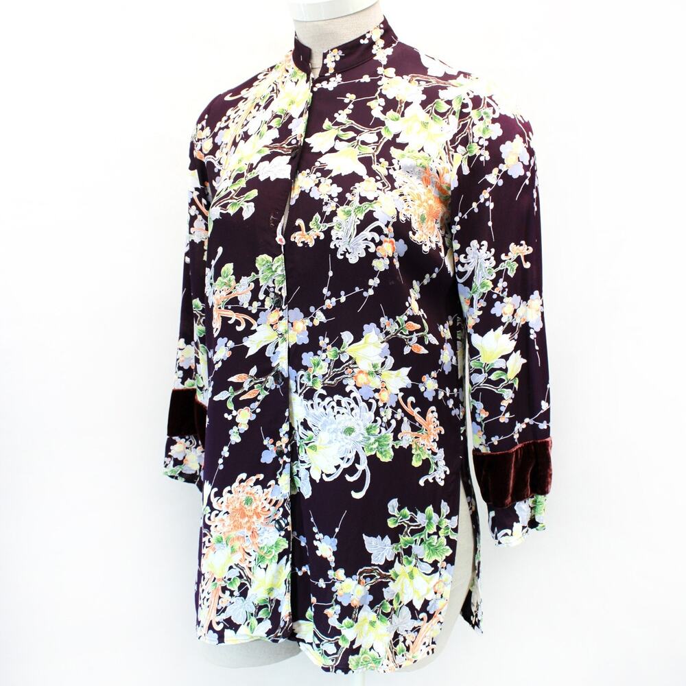 Loco Lindo Purple Floral Button-Up Chiffon Velvet Sleeve Tunic Blouse Shirt M